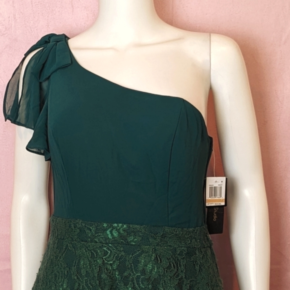 City Studio Emerald Green One Shoulder Fit and Flare Mini Lace Formal Dress 7 - Picture 2 of 7